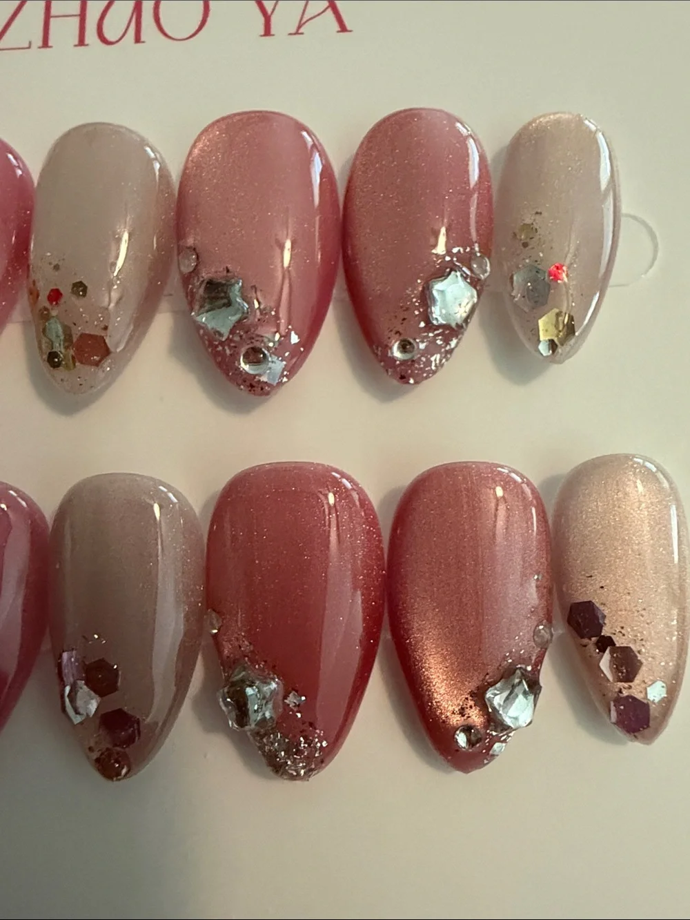 Pink  Pearl Cateye handmade acrylic Press-On Nail Set with Rhinestones